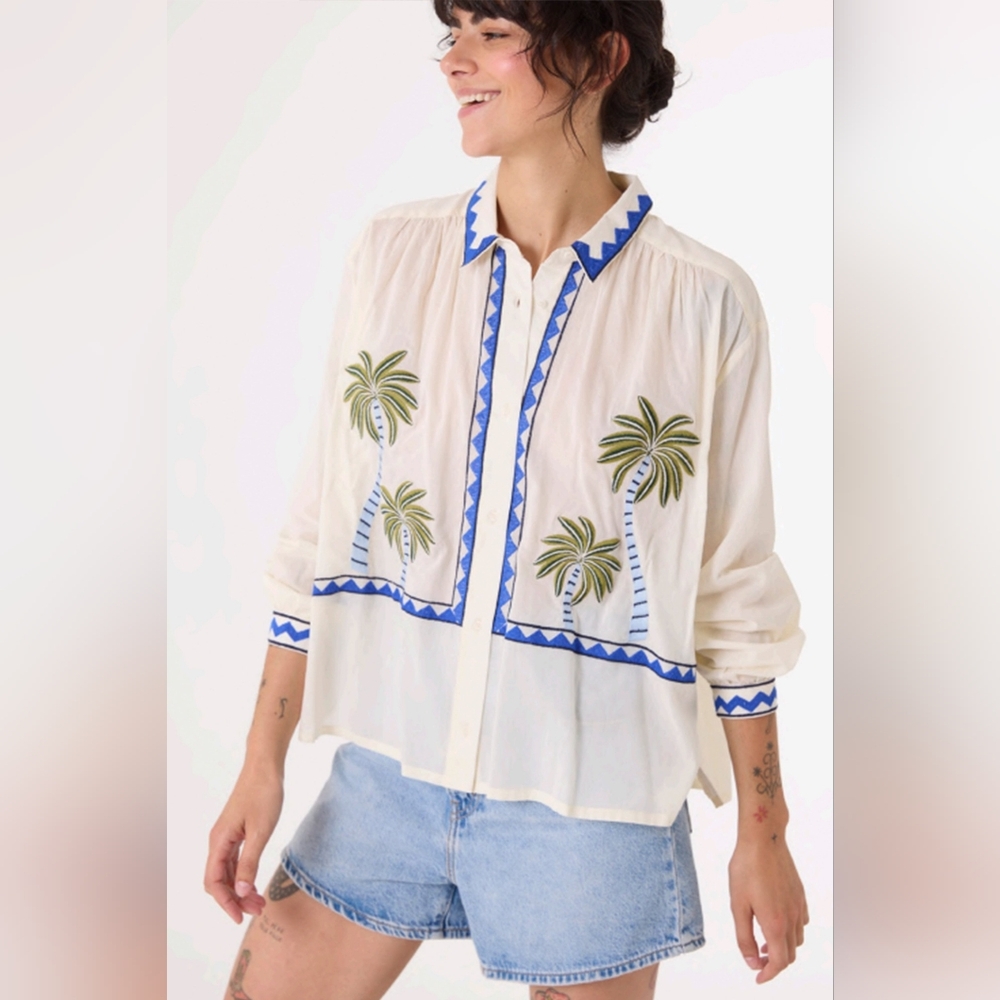 NWT Sacrécoeur Ali Jungle Long Sleeve Cream Blue Cotton Lightweight Blouse S